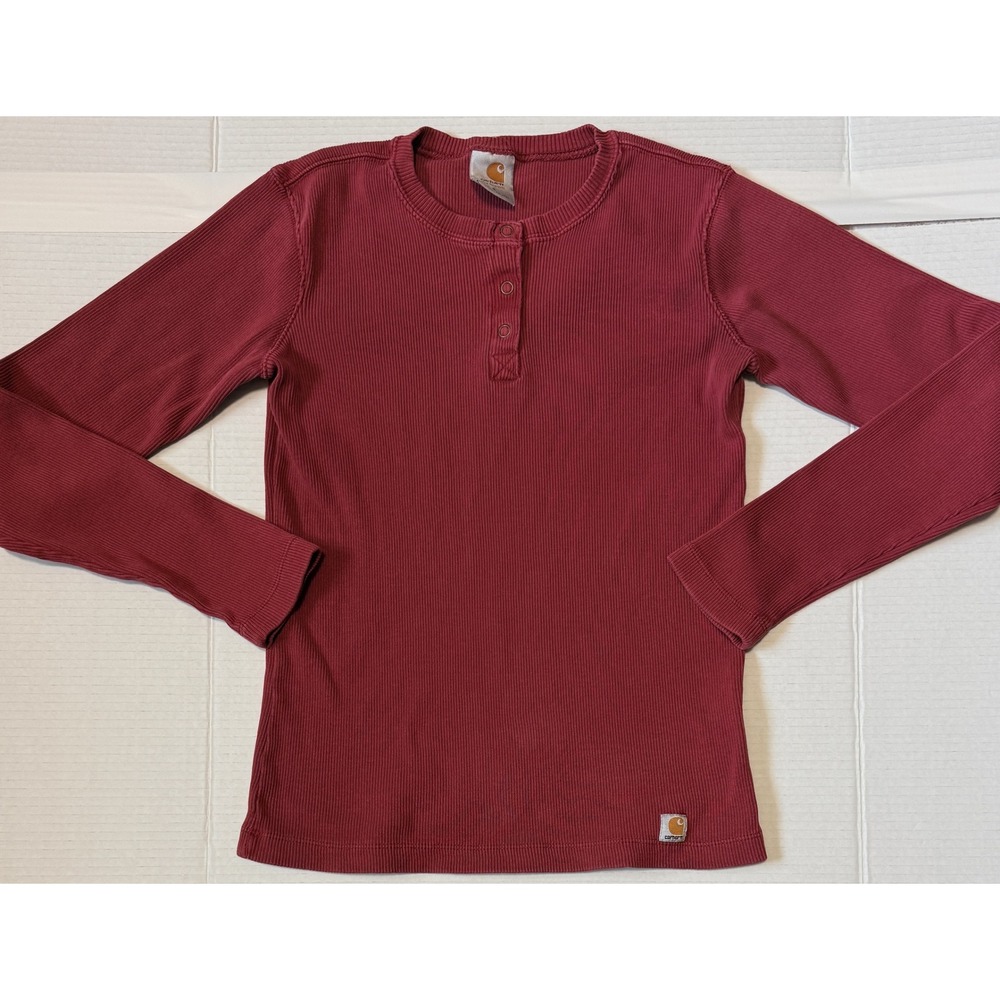 CARHARTT - Women's Henley Shirt - Red Ribbed Cotton Long Sleeve Top - Small